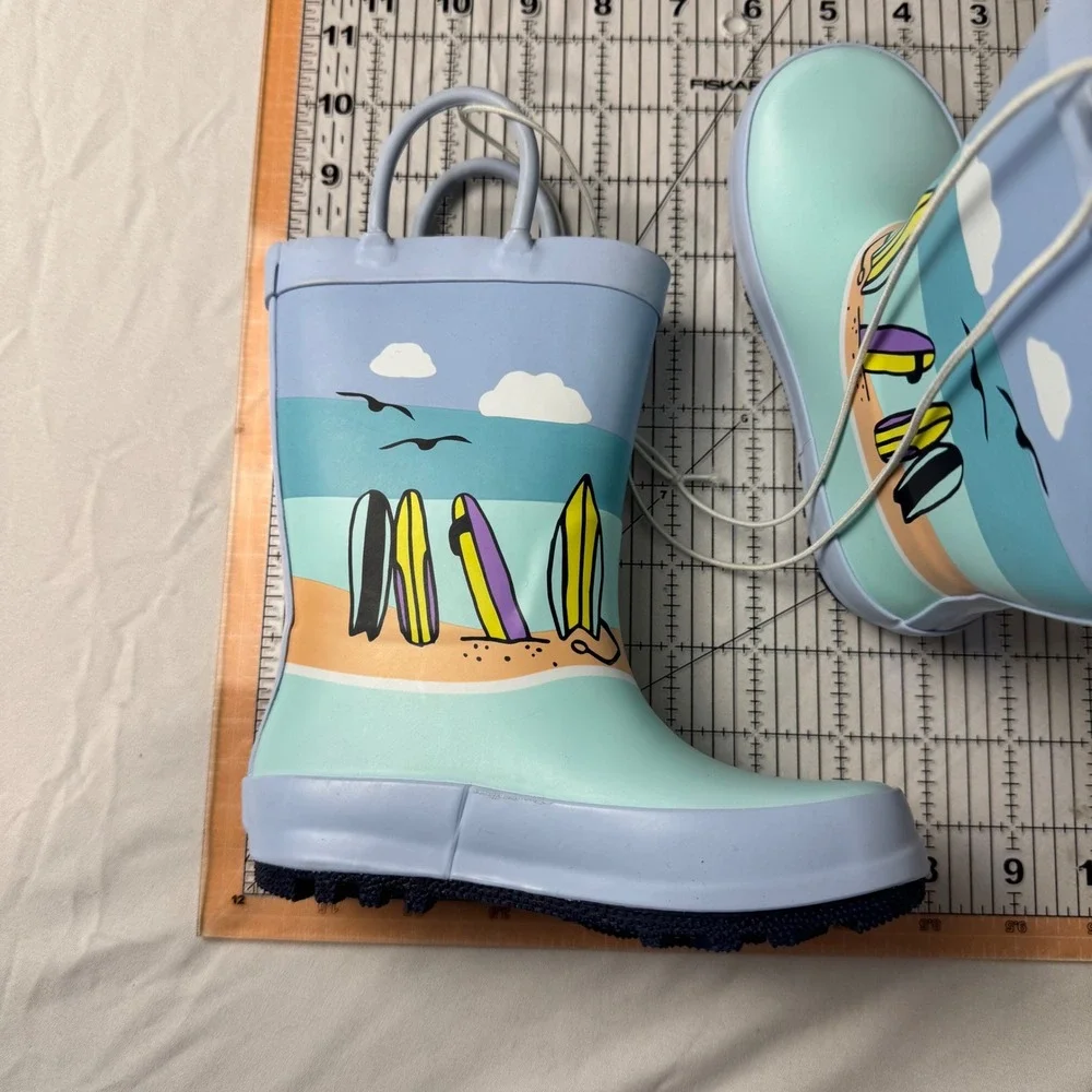 NEW Cat & Jack Rain Boots Kids Size 8 Blue Beach Surfboard Pull On Rubber Boots